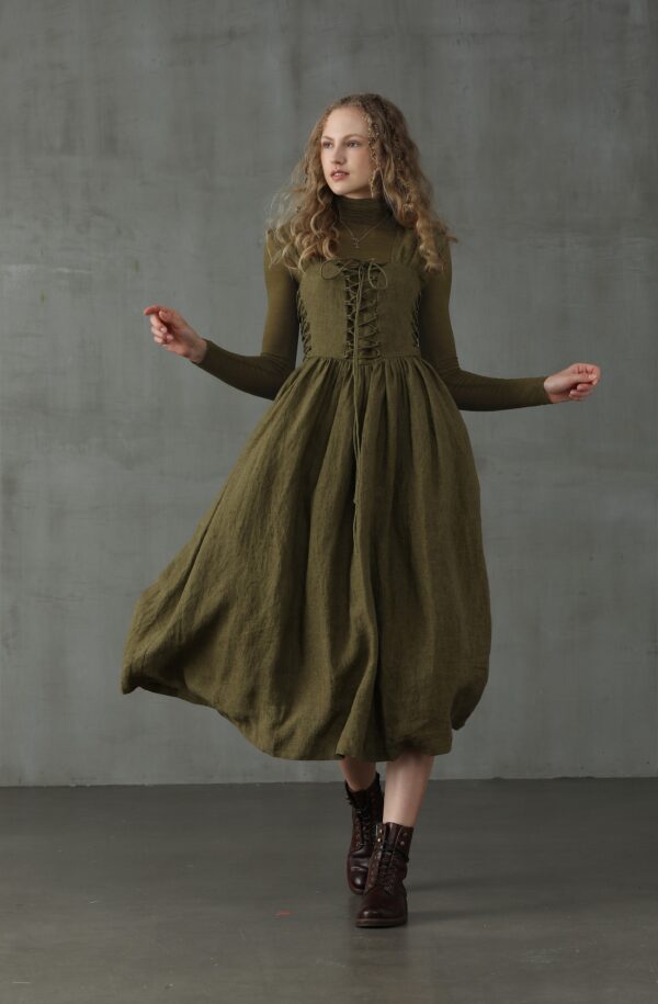 Corset Linen Dress in Dark Green - Image 9