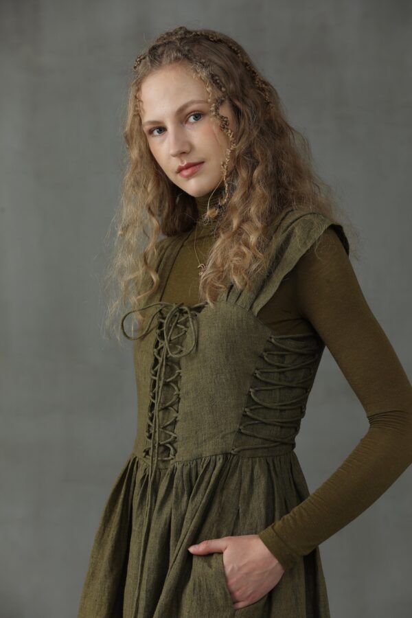 Corset Linen Dress in Dark Green - Image 5