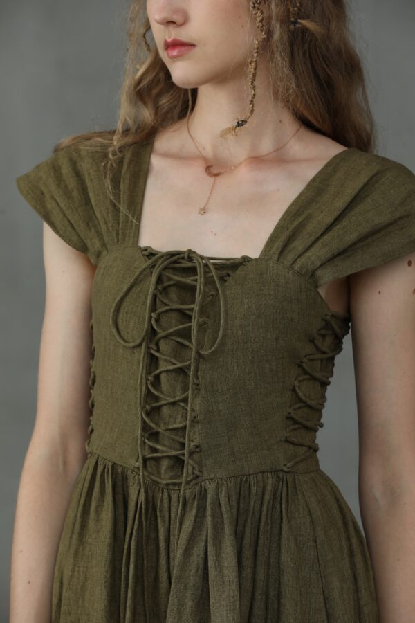 Corset Linen Dress in Dark Green - Image 4