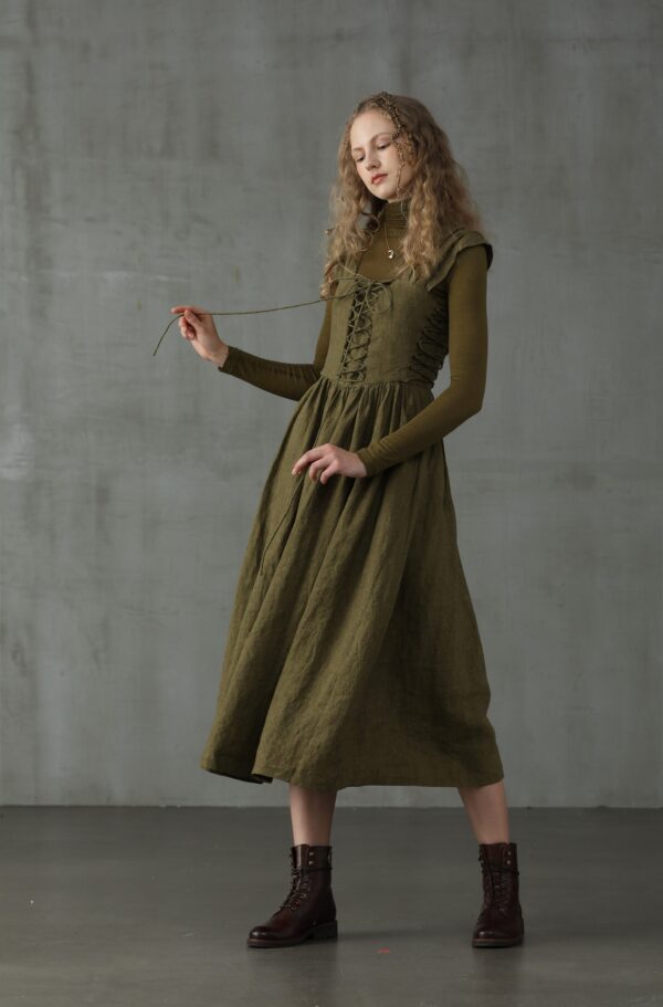 Corset Linen Dress in Dark Green - Image 7