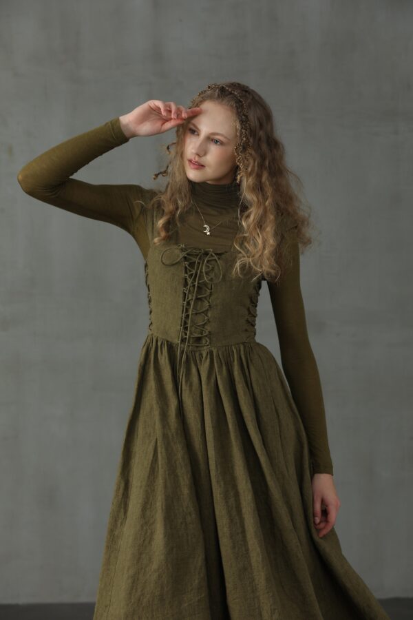 Corset Linen Dress in Dark Green - Image 2