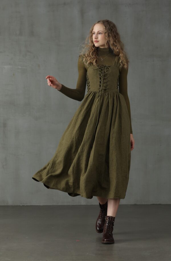 Corset Linen Dress in Dark Green - Image 6