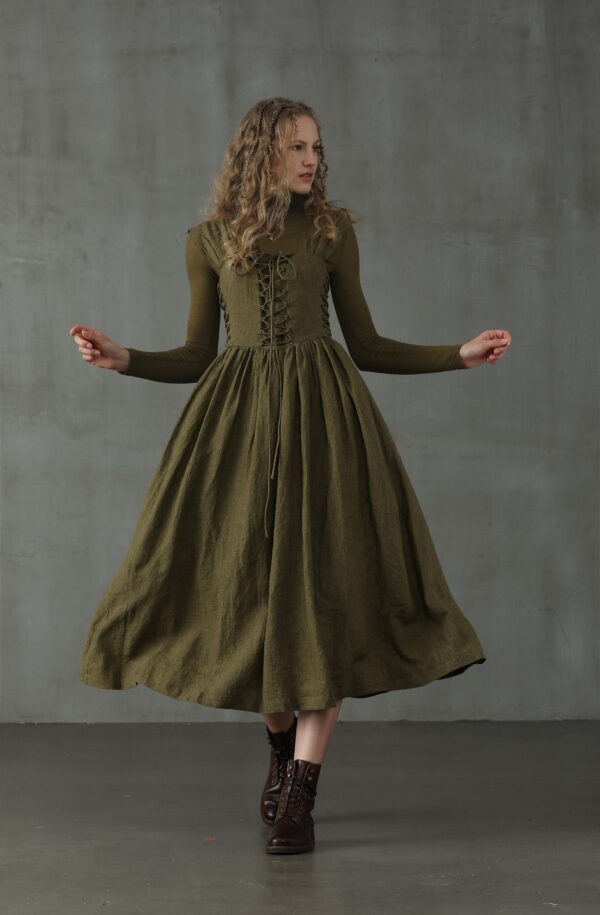 Corset Linen Dress in Dark Green