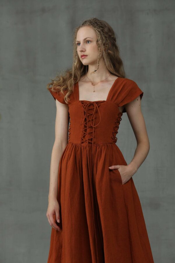 Corset Linen Dress in Dark Green - Image 10