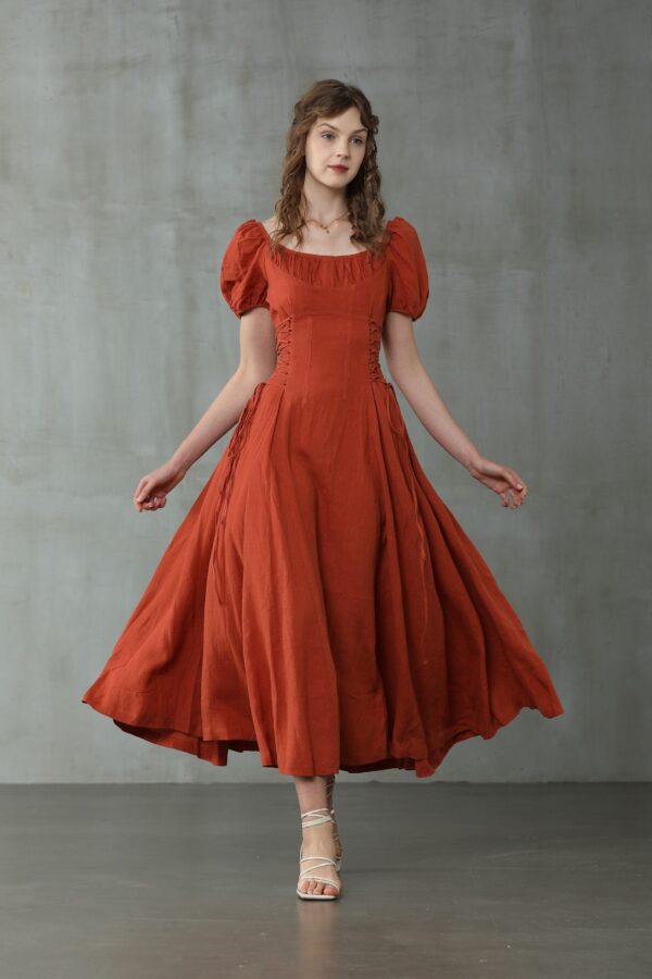 Girdle linen dress in red - Image 7