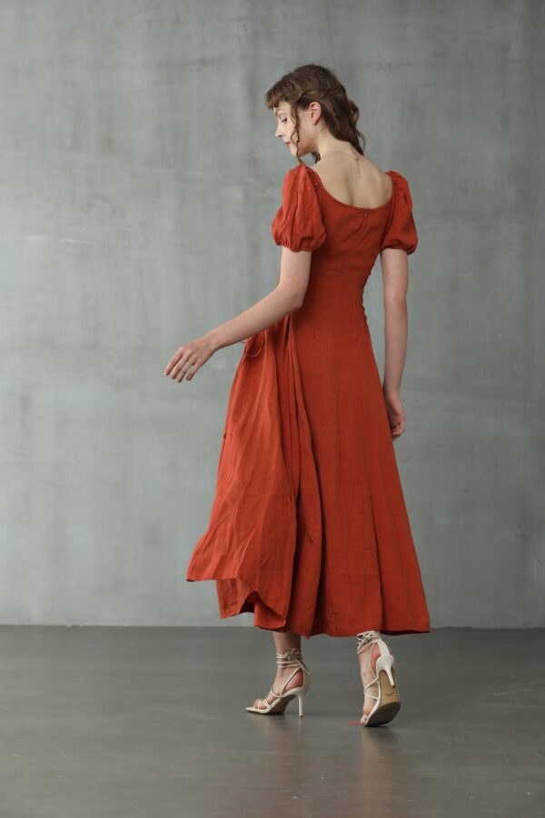 Girdle linen dress in red - Image 6