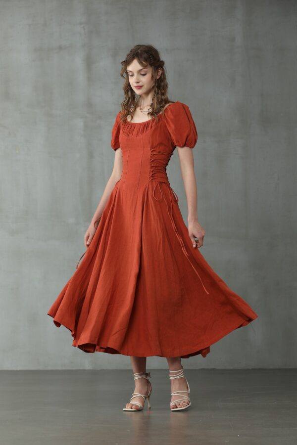 Girdle linen dress in red - Image 2
