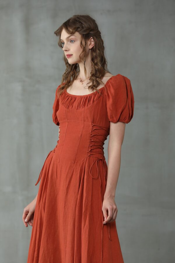 Girdle linen dress in red - Image 3