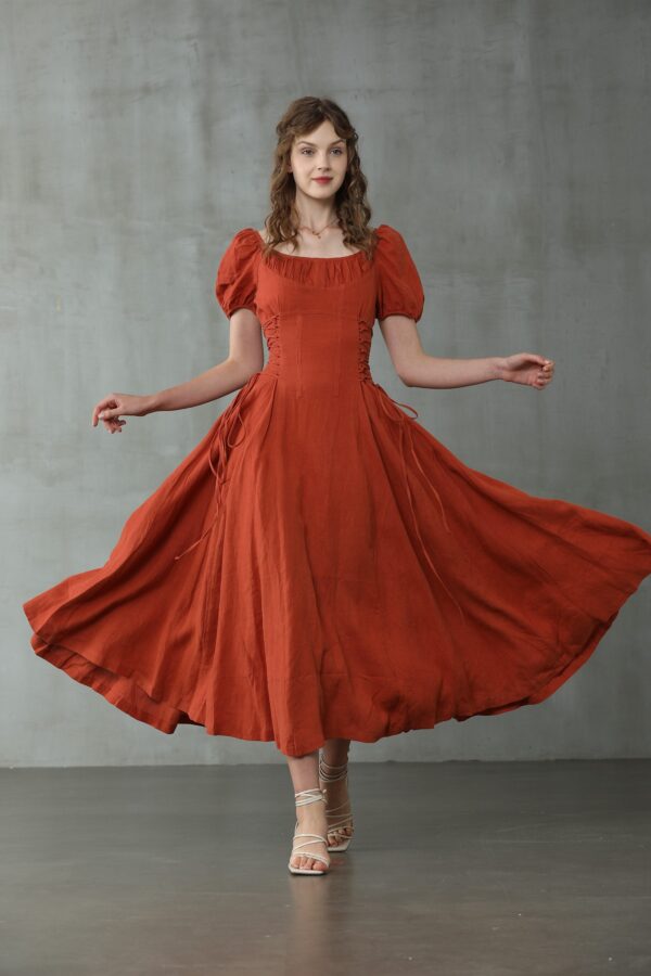 Girdle linen dress in red - Image 5