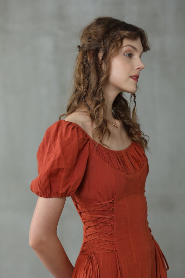 Girdle linen dress in red - Image 4