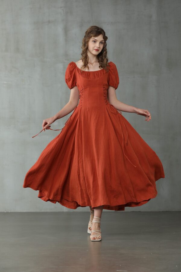 Girdle linen dress in red
