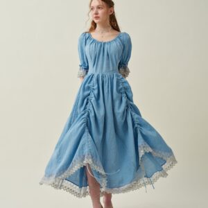 Ruffle Linen Lace Dress in light blue