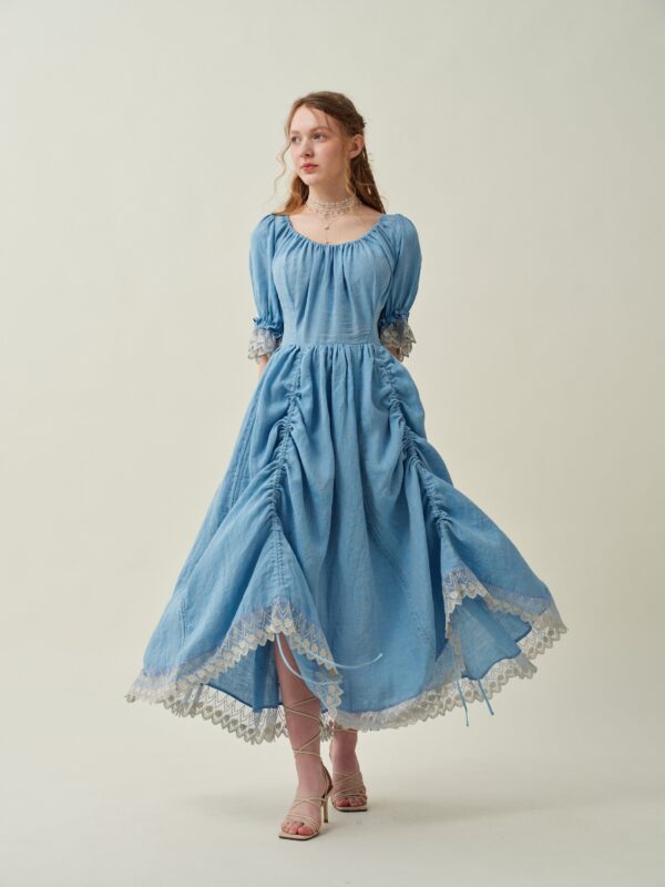 Ruffle Linen Lace Dress in light blue