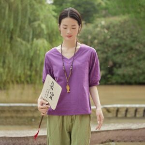 Summer cotton blouse short sleeves tops linen t-shirts