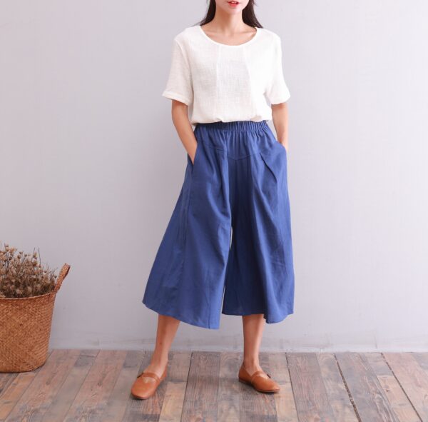 Summer Elastic Waist Cotton Pants Cropped Pant Midi Trousers
