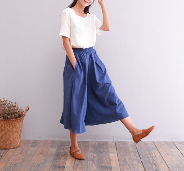 Summer Elastic Waist Cotton Pants Cropped Pant Midi Trousers - Image 5