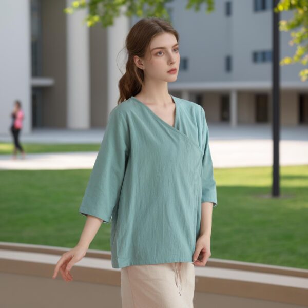 Summer cotton blouse three quarter sleeves tops linen t-shirts - Image 2