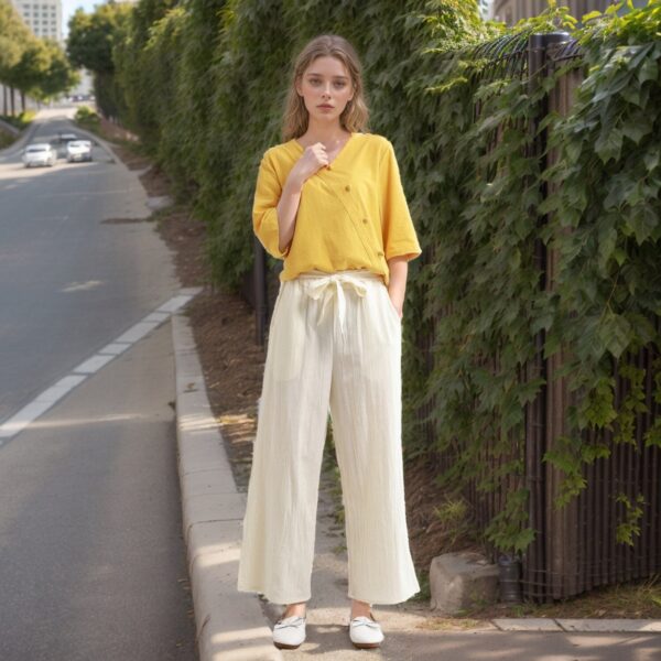 Elastic Waist Cropped Cotton Pants Casual