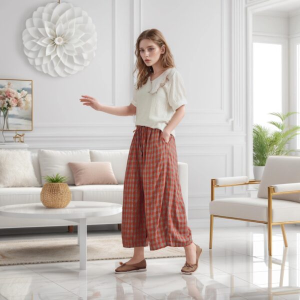 Elastic Waist Cropped Wide Leg Pants Plaid Cotton - Image 2