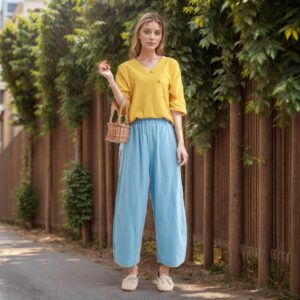 Elastic Waist Wide Leg Cotton Pants Comfort Fit