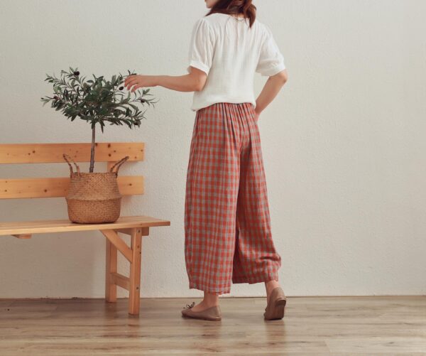 Elastic Waist Cropped Wide Leg Pants Plaid Cotton - Image 3