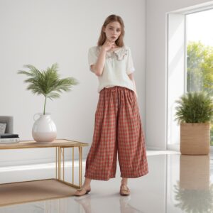 Elastic Waist Cropped Wide Leg Pants Plaid Cotton
