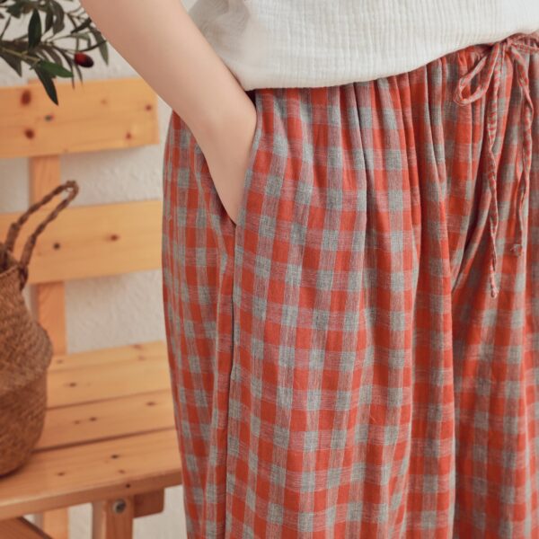 Elastic Waist Cropped Wide Leg Pants Plaid Cotton - Image 4