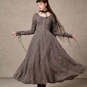 Corset Linen dress in brown stripes