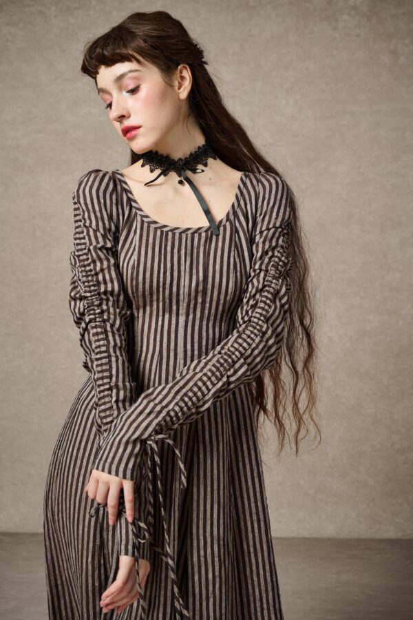 Corset Linen dress in brown stripes - Image 8