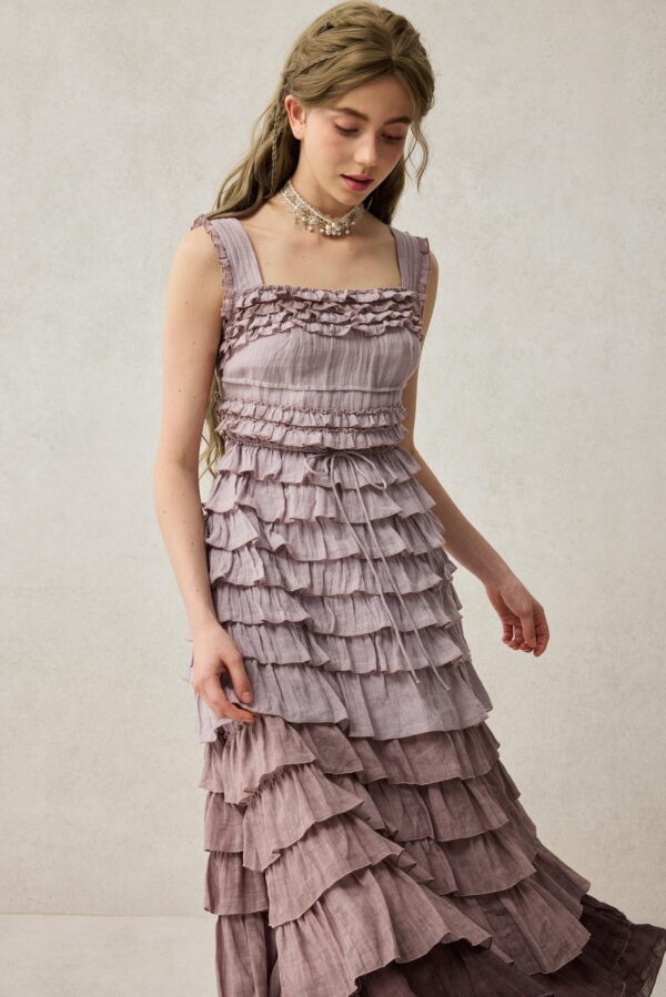Romantic ruffle linen dress in Purple - Image 3