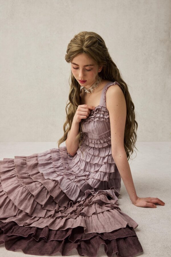 Romantic ruffle linen dress in Purple - Image 6